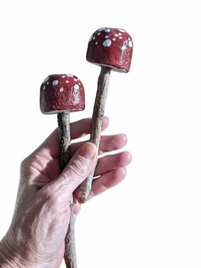 PAIR of Handmade Concrete Mushrooms,  Decorative Toadstool Picks